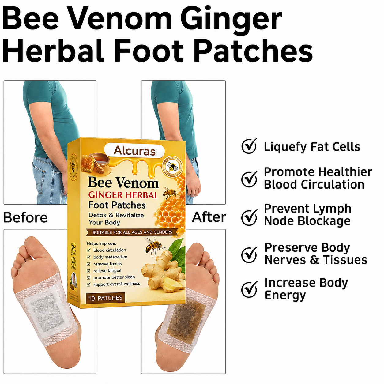 Alcuras® Bee Venom Ginger Herbal Foot Patches (Set of 10)