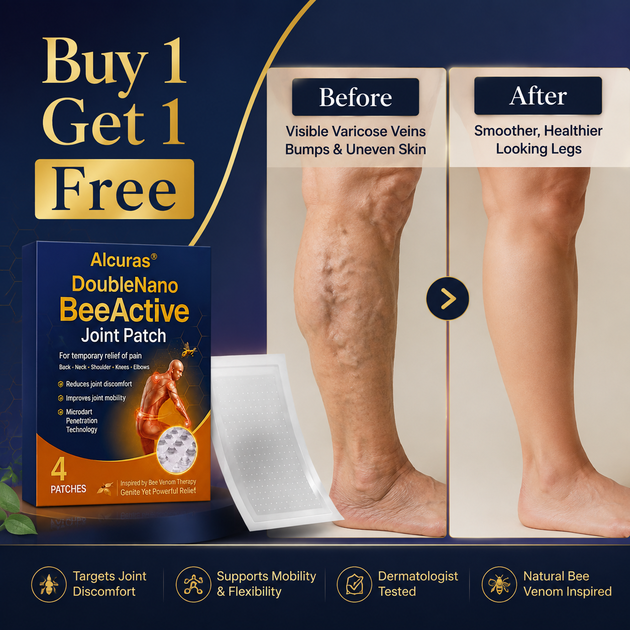 Alcuras® Dual Nano Bee Venom Joint Relief Patch 24H Continuous Penetration Pain Relief Patch